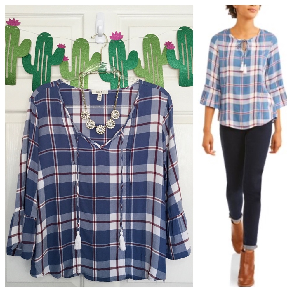 Como Blu Airy Plaid Bell Sleeve Peasant Blouse